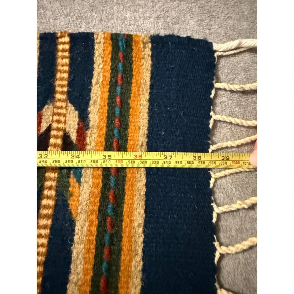 Vintage Zapotec Mexican Wool Tapestry Runner Blue Southwestern 100% Lana
